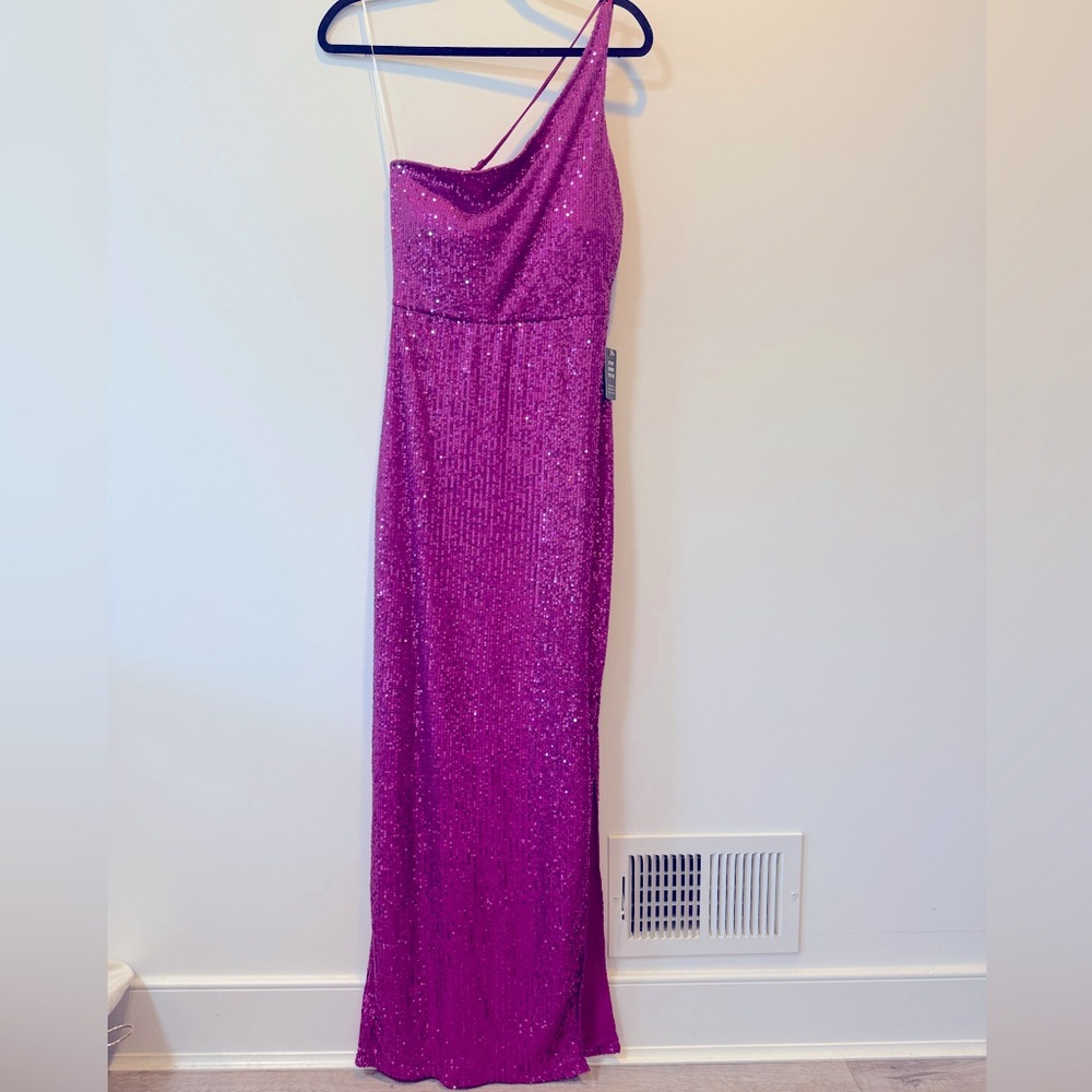 NWT Express Magenta One Shoulder Sequin Floor Length Dress Size S